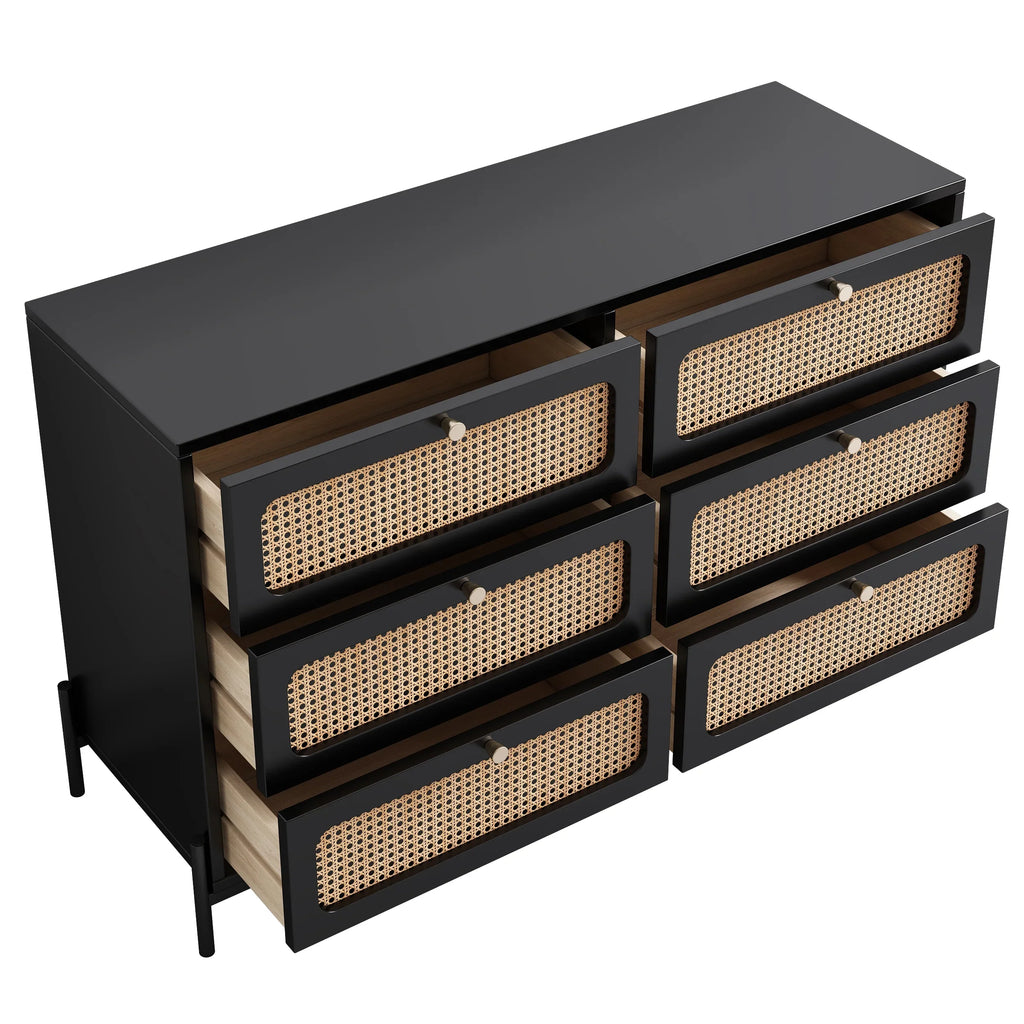 Al Fresco Accent Storage Cabinet with 6 Drawer, Modern Wide Chest of Drawers, 3 Tier Wood Dresser for Bedroom, Living Room, Entryway, Black