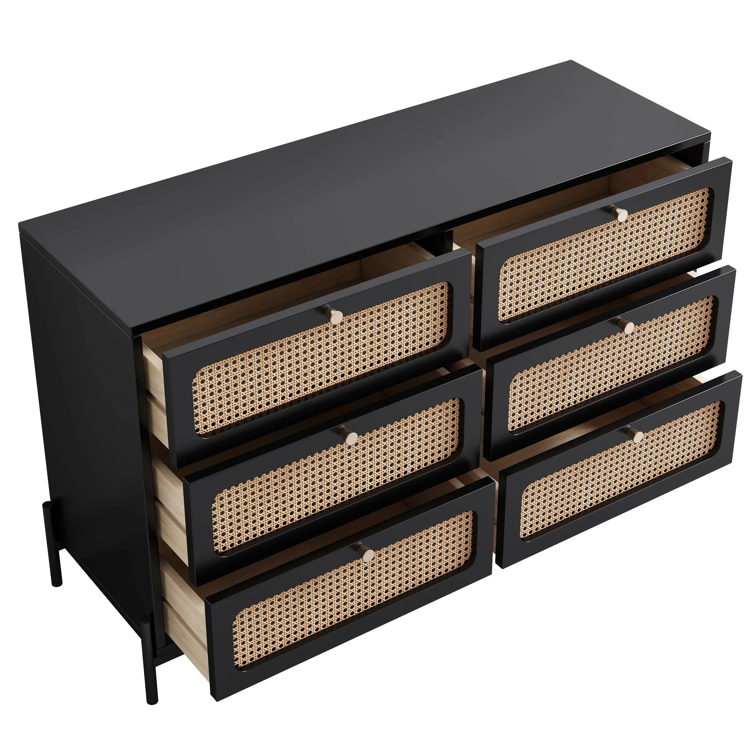 Al Fresco Accent Storage Cabinet with 6 Drawer, Modern Wide Chest of Drawers, 3 Tier Wood Dresser for Bedroom, Living Room, Entryway, Black