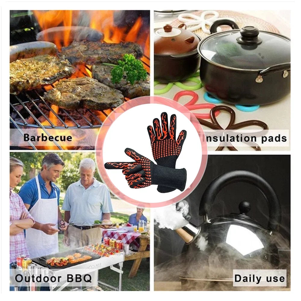 Barbecue Gloves with Silicone -slip Stripe Heat Proof Oven Gloves 500~800℃ Heat Resistant Grill Gloves for Outdoor Barbecue Garden Grilling Kitchen Cooking Welding