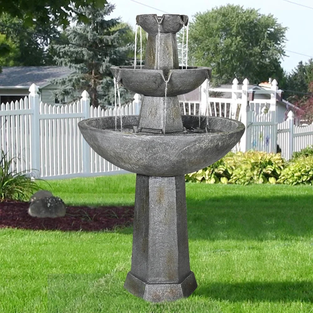 3 Tier Freestanding Waterfall Fountain, 43.3in H Outdoor Fountain with Bird Bath Decor for Garden Patio Backyard Deck Home Lawn Porch