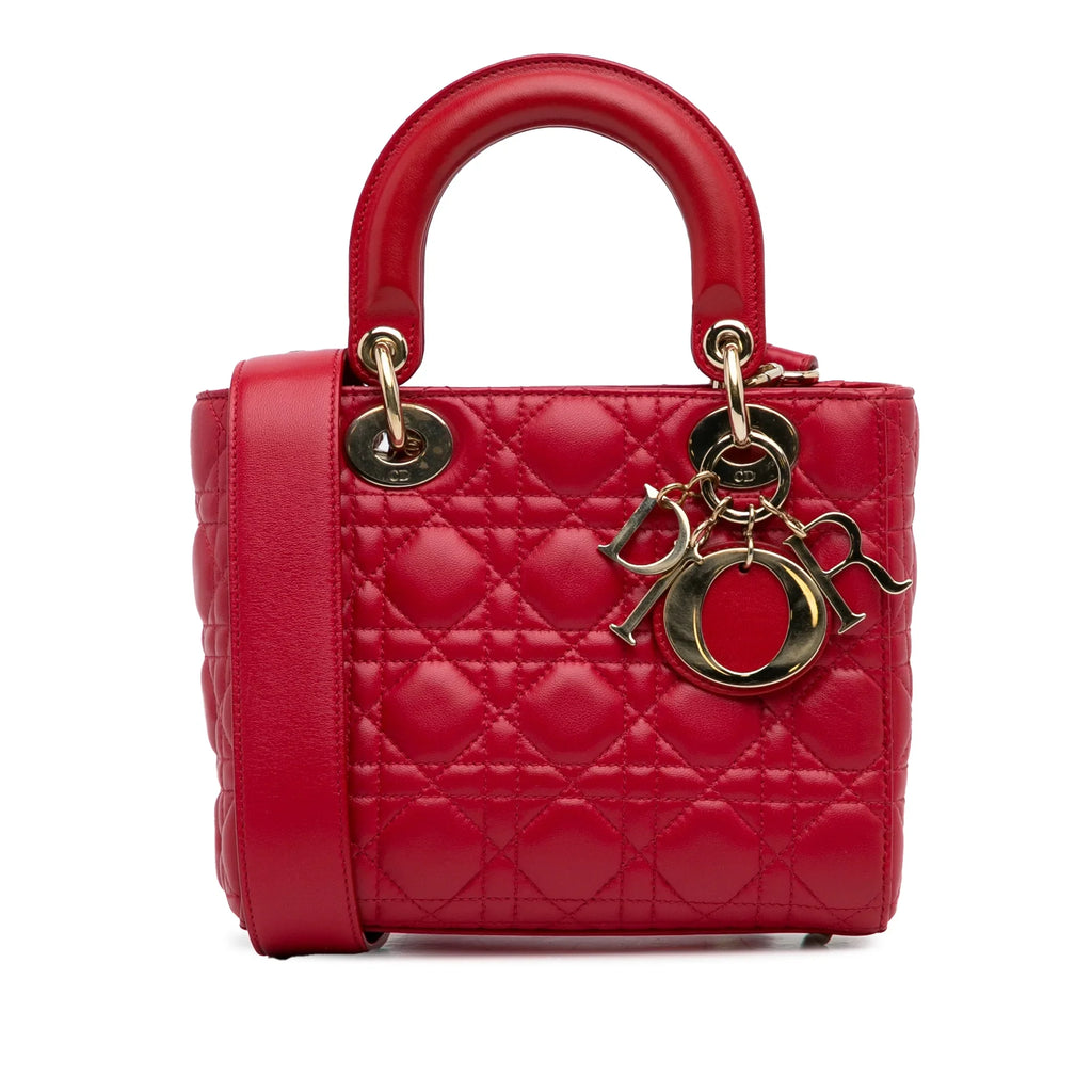 Pre-Owned Authenticated Small Lambskin Cannage My ABCDior Lady Dior Leather Red Satchel Unisex (Good)