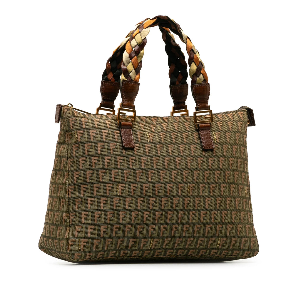Pre-Owned Authenticated Fendi Zucchino Braided Roll Tote Canvas Fabric Green Tote Bag Unisex (Good)