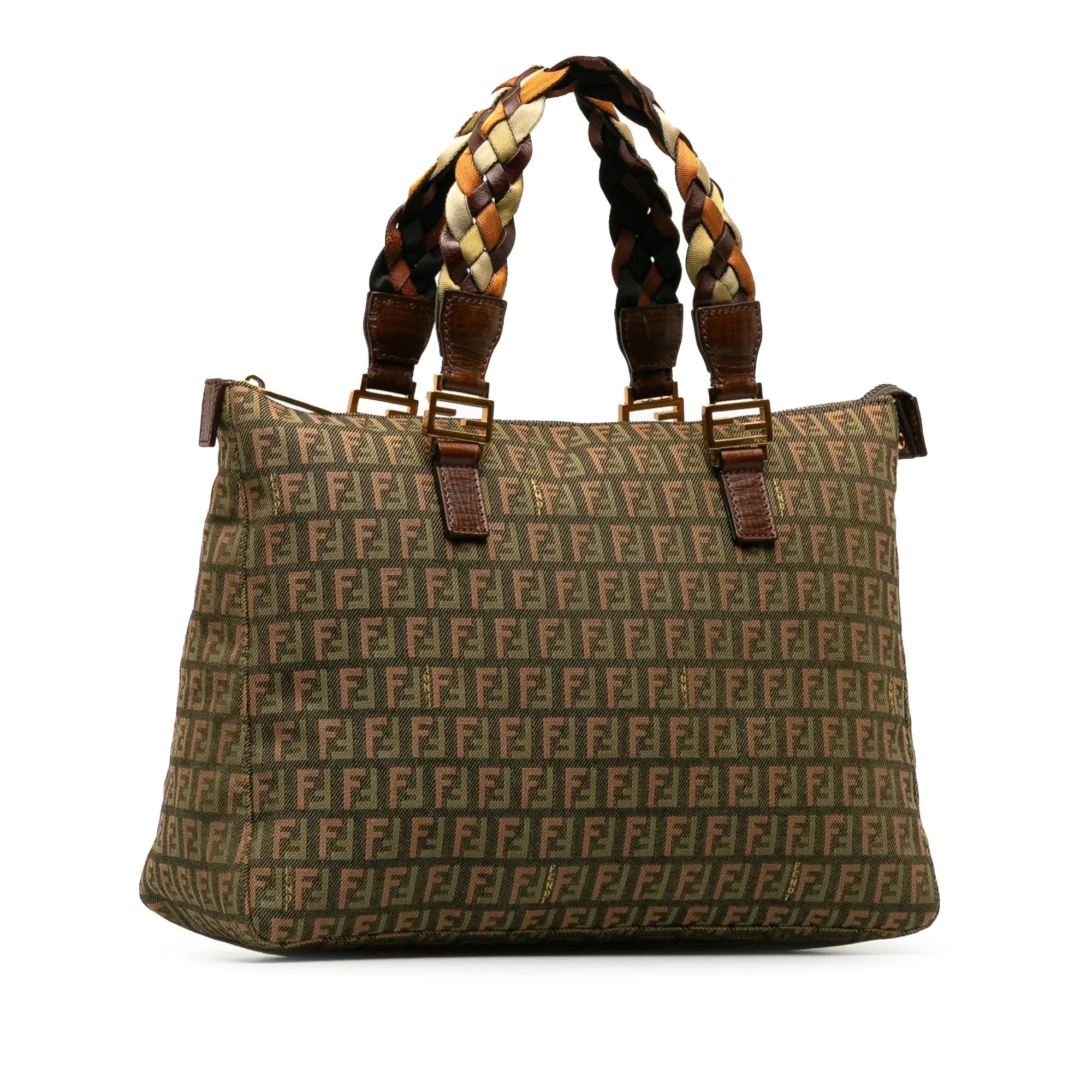 Pre-Owned Authenticated Fendi Zucchino Braided Roll Tote Canvas Fabric Green Tote Bag Unisex (Good)