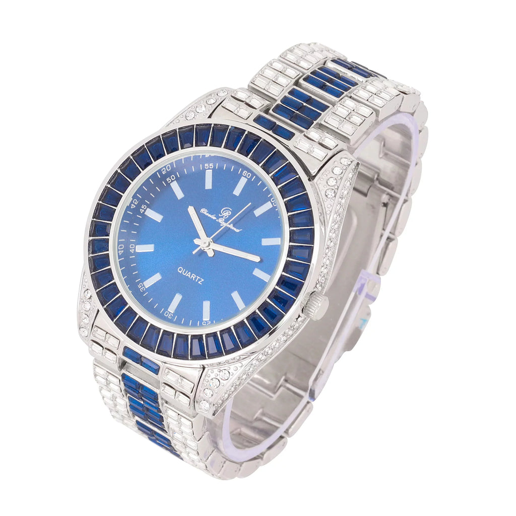 Watch on and Bust Down The Wrist with Lotta of The Whitest and Colorful Crysal Clear Flawless Baquettes! Newest Bling'ed Out Charles Raymond Timepiece - ST10377S Jet Blue