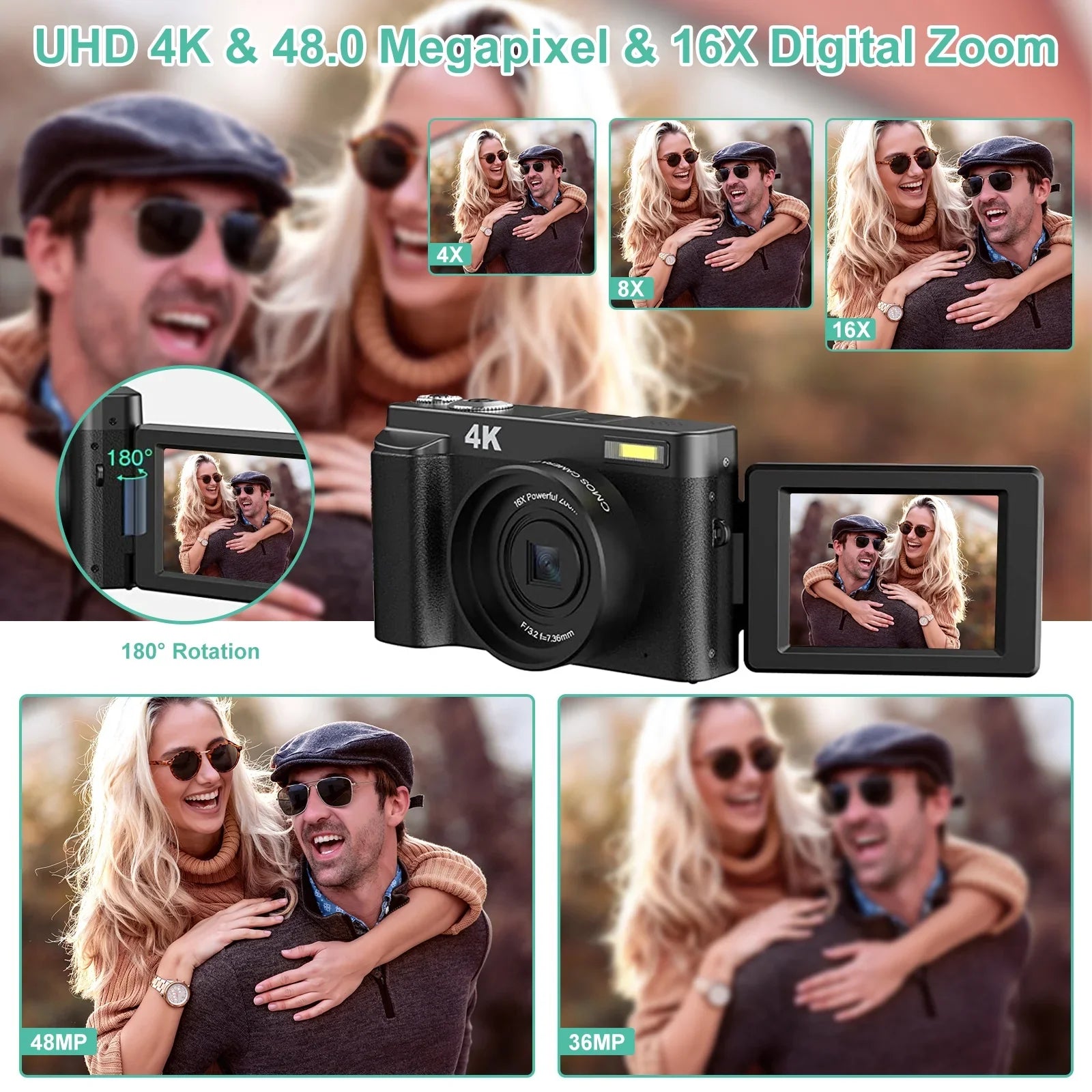 Vlogging Camera 4K Digital Camera for Photography Autofocus 16X Digital Zoom 48MP Video Cameras for YouTube with 32GB Card