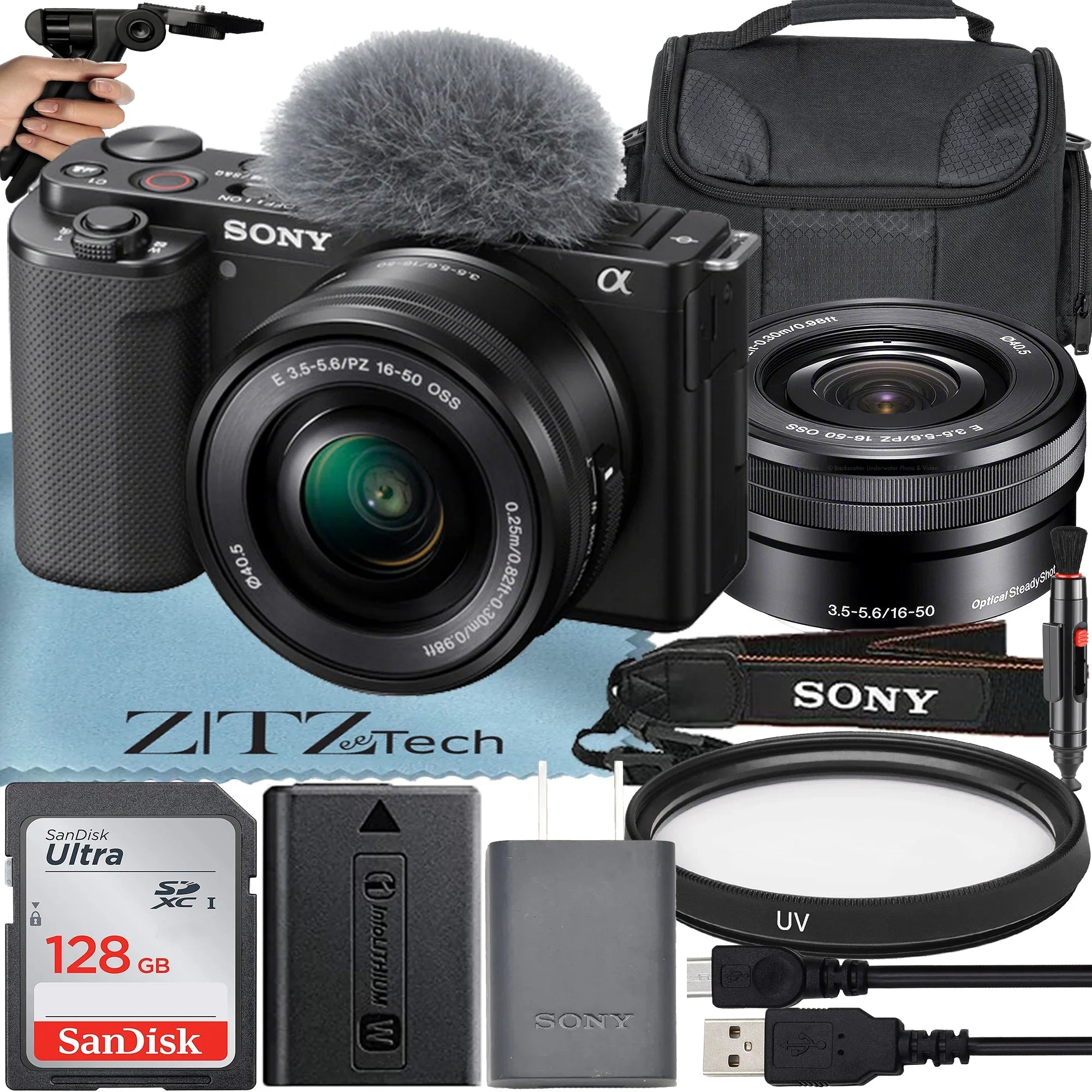 Sony Alpha -E10 Mirrorless Vlog Camera With 16-50mm Lens + 128GB Memory Card + Tripod + Case + ZeeTech Accessory Bundle (Black)