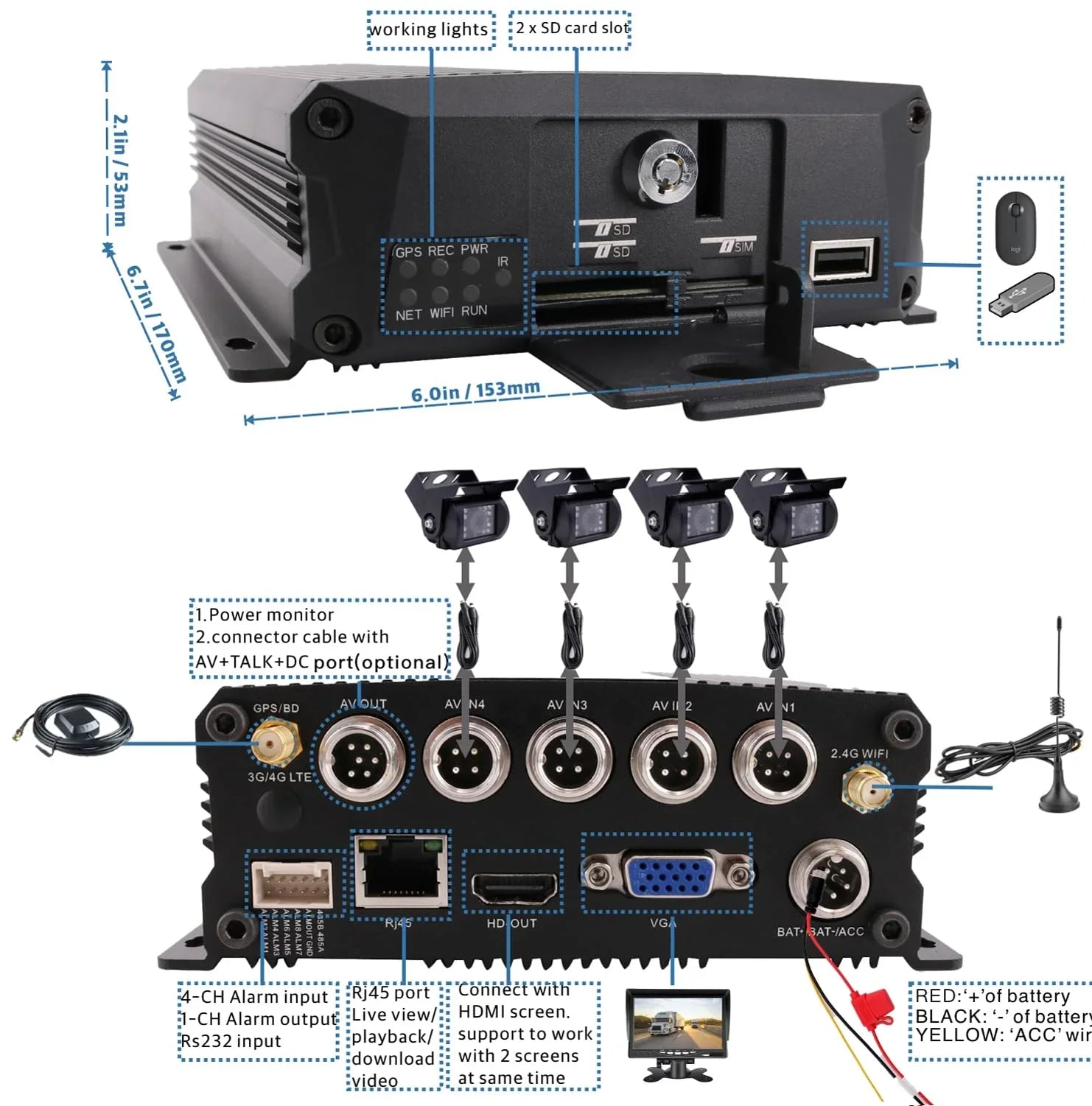 4- WiFi  1080P Truck Camera System Real-time Lopp Video Record Video, Remote View on /Web, Waterproof 120 Large View Angle Camera for Van  Bus