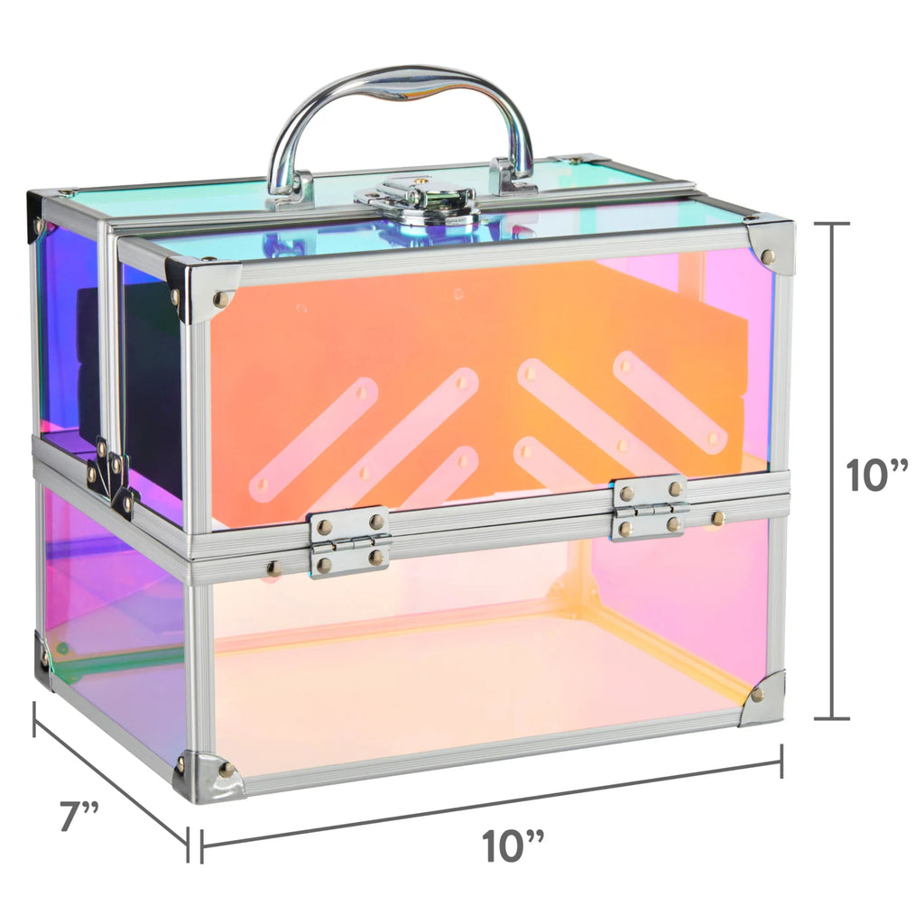 Makeup Train Case Cosmetics Organizer, Iridescent Translucent, 4 Trays, 6.7"x 9.85"x 7.9"