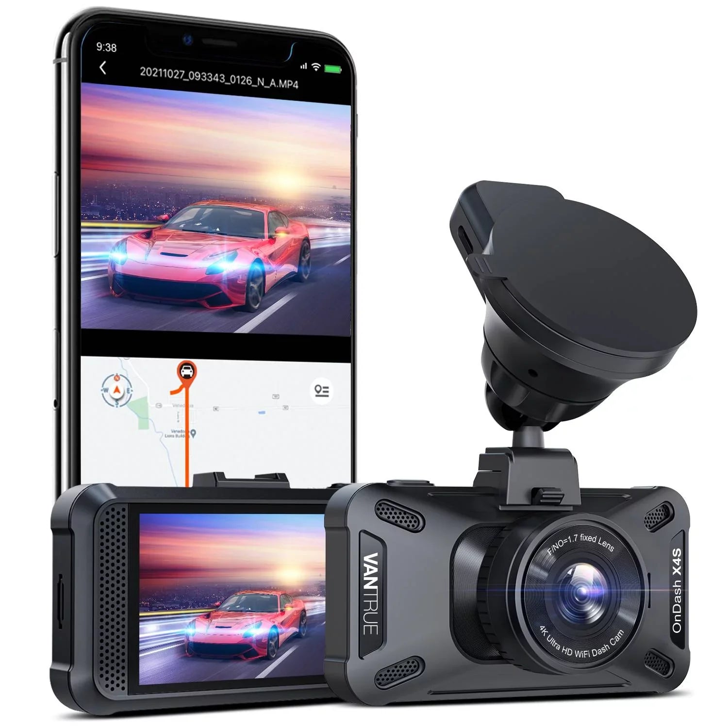 Vantrue  4K WiFi Dash Cam for Cars, 2160PX30FPS Wireless Car Dash Camera with 5 Ghz/2.4Ghz  and Vantrue Cam , Superior Night Vision with , 24/7 Parking Monitor, , G-sensor  (X4S W)