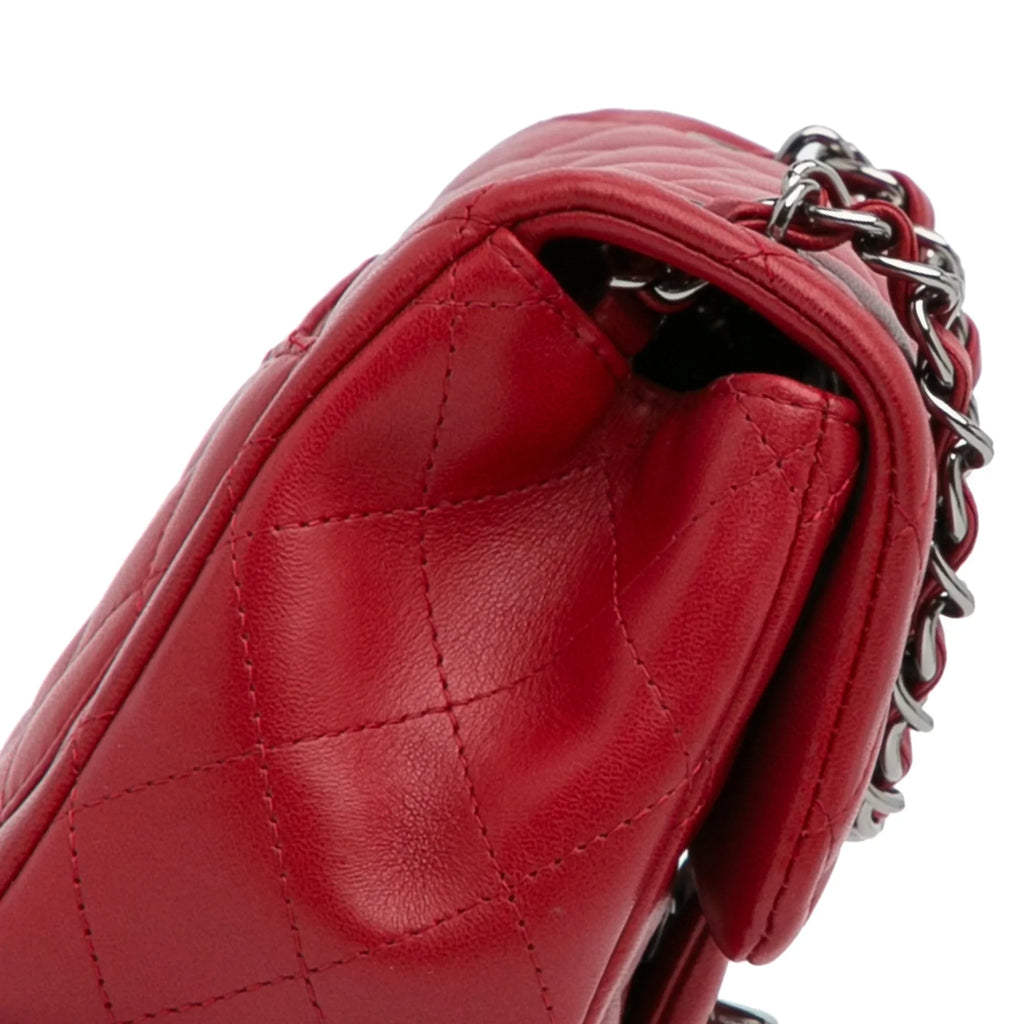 Pre-Owned Authenticated Chanel Mini Classic Lambskin Square Single Flap Leather Red Crossbody Bag Unisex (Good)