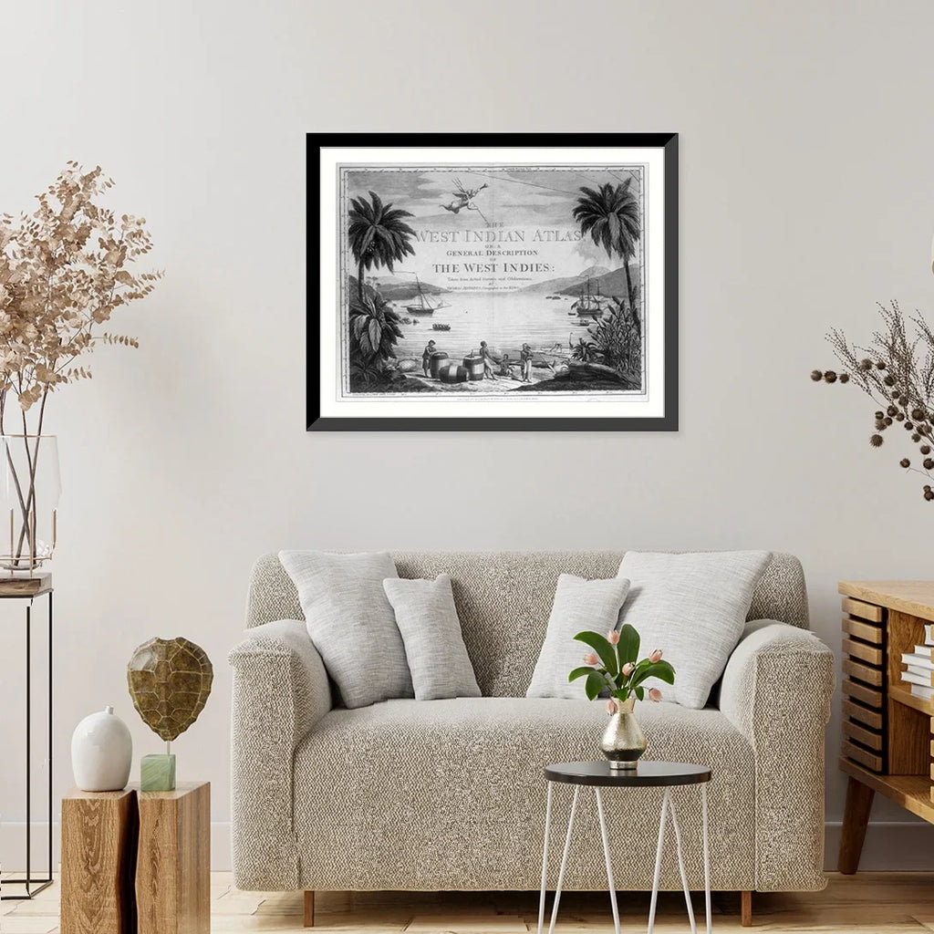 Historic Framed Print, [A scene in the West Indies showing Natives on the beach with a British sailor and three large casks, and two ships in the harbor], 17-7/8" x 21-7/8"