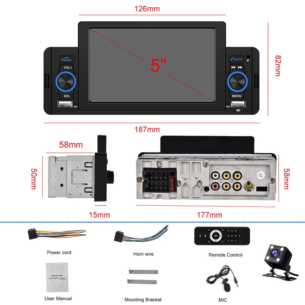 Podofo Single 1 Din 5'' Touch Screen Car Stereo Radio with Apple Carplay Android Auto Mirror Link  Car MP5 Multimedia Player Bluetooth   Audio Receiver , Backup Camera Included