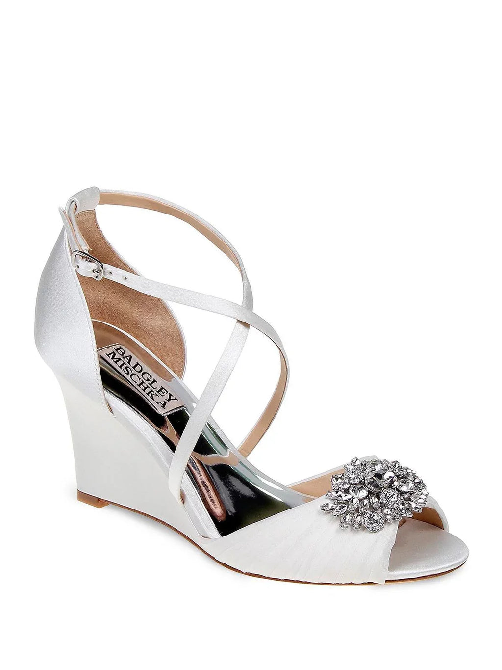 Womens White Crisscross Straps Crystal Brooch Pleated Padded Tacey Round Toe Wedge Buckle Dress Sandals Shoes 8.5 M