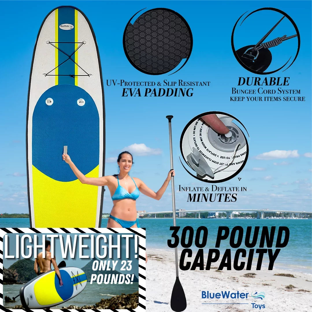 Blue Water Toys Inflatable Crossover Stand Up Paddle Board/Kayak Kit - Blue Yellow 10 feet by 32 inches