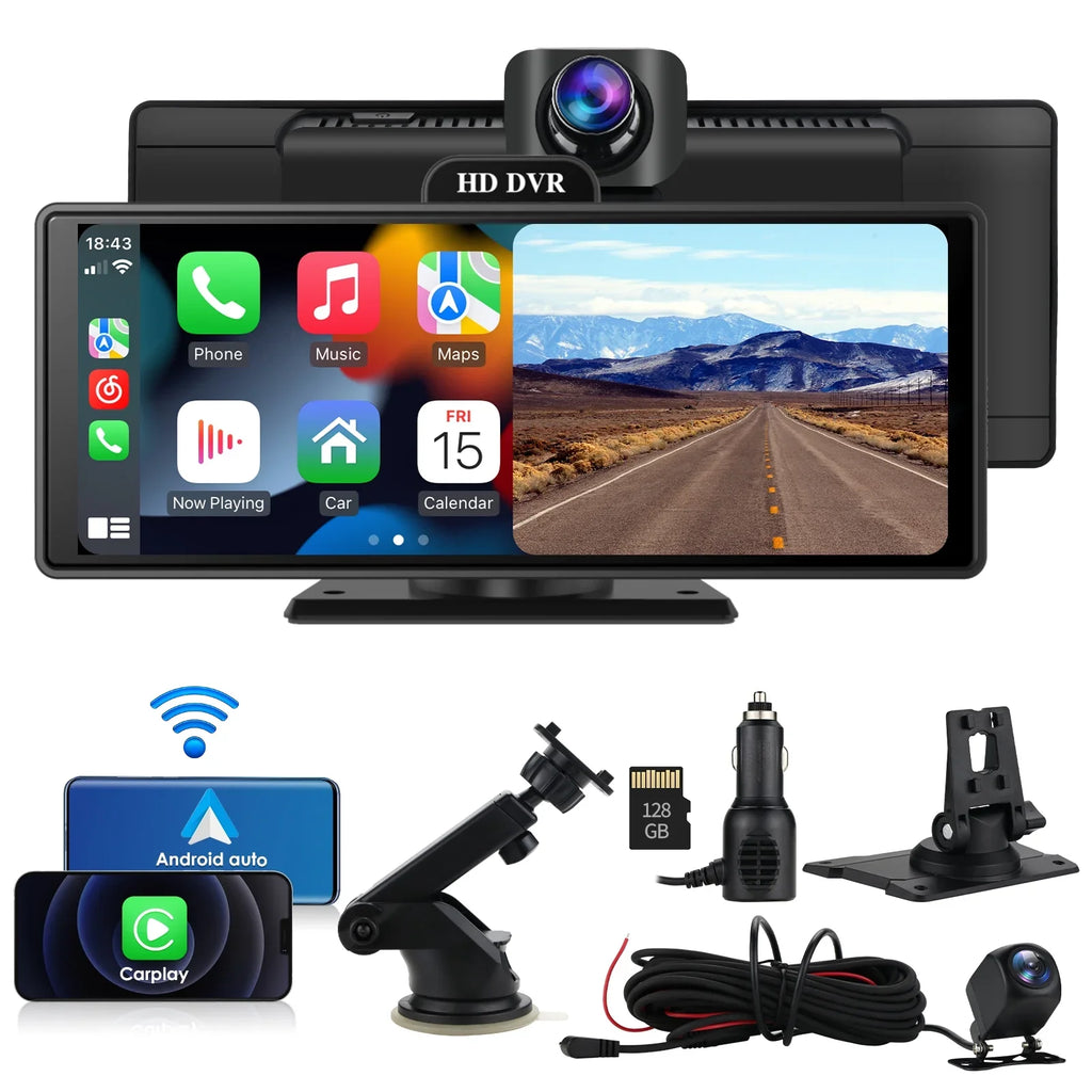 Wireless Apple Carplay Android Auto Bluetooth Portable 9.26" Touchscreen Car Stereo With 128G  Card, 4K Dash Cam And Backup Camera, Car Radio Head Unit  Navigation