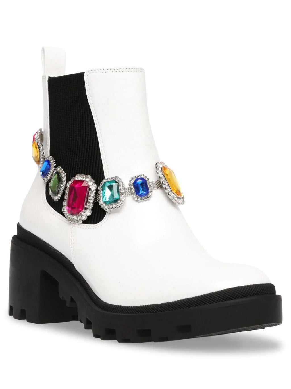 Womens White Gem Accent Strap Pull Tab 1" Platform Goring Padded Jenesis Round Toe Block Heel Moto 7 M
