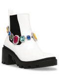 Womens White Gem Accent Strap Pull Tab 1" Platform Goring Padded Jenesis Round Toe Block Heel Moto 7 M