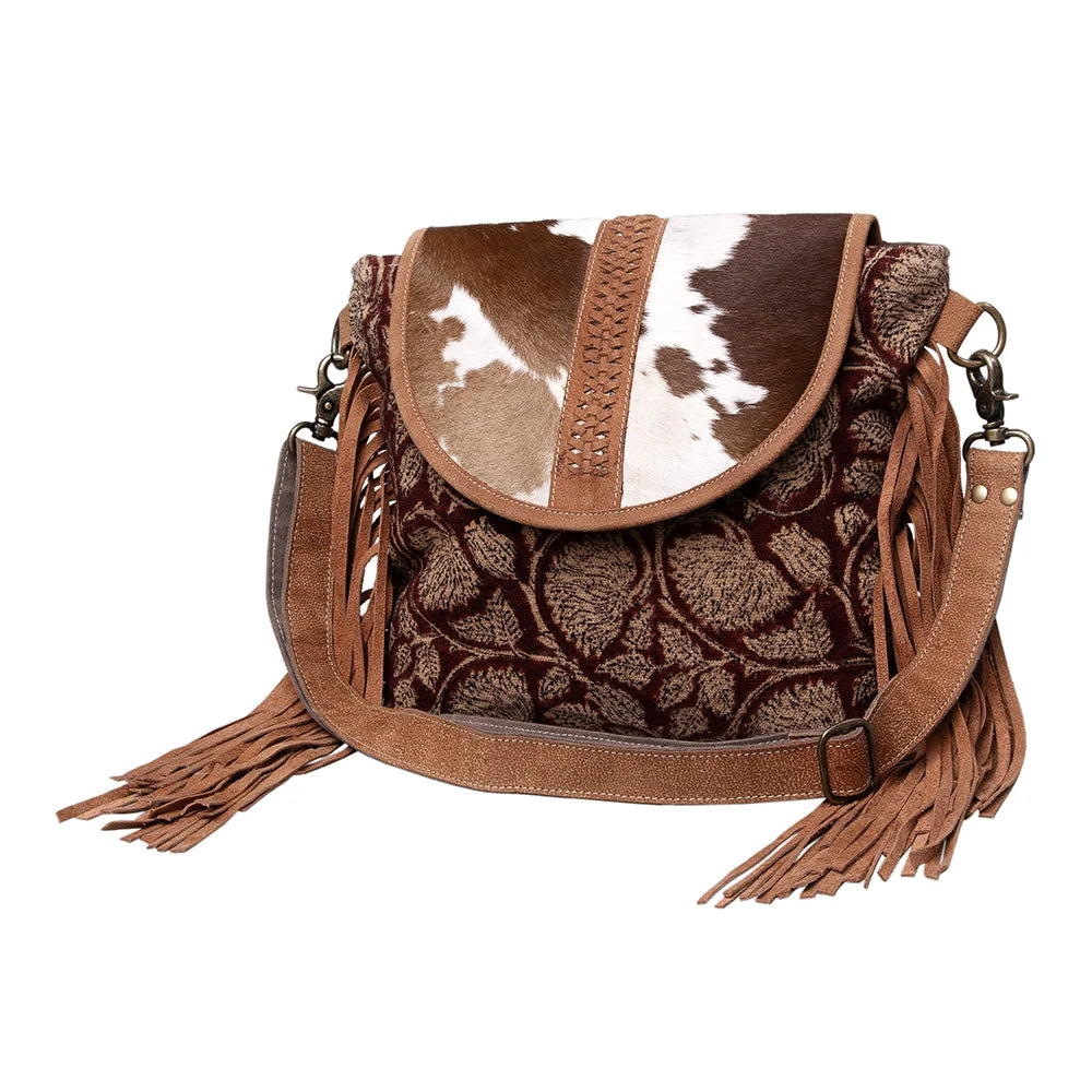 KB483 Cross Body Upcycled Canvas Hair-On Genuine Leather women bag western handbag purse
