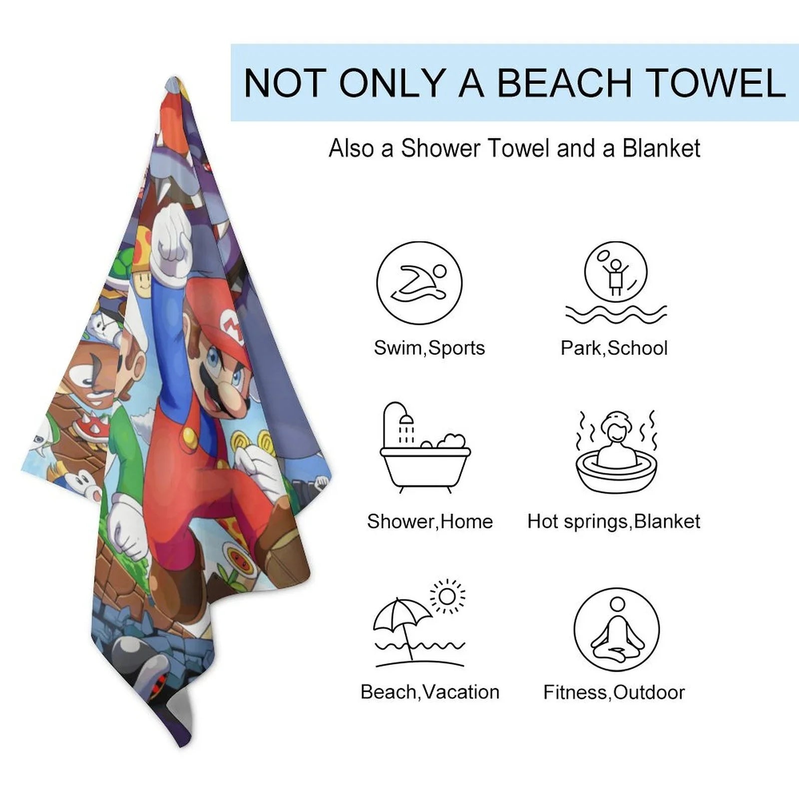 Luigi Mario Bros. Movie Beach Towel Microfiber Soft Absorbent Quick-Dry Bath Towels 130x80cm for Kid/Adults for Bathroom Shower/Guests/Pool Swimming/Gym/Camp/Holiday