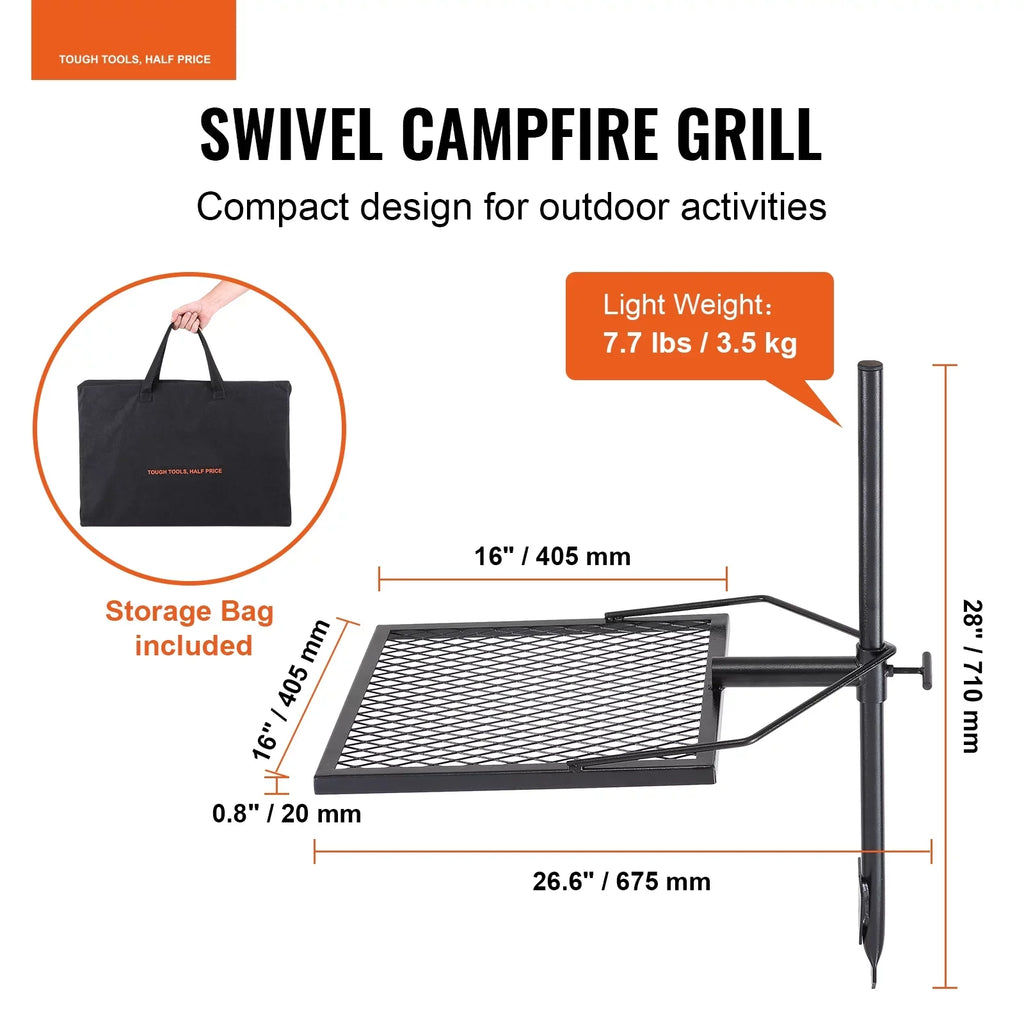 Swivel Campfire Grill 16" x 16" Heavy Duty Steel Open Fire Cooking Grate Adjustable