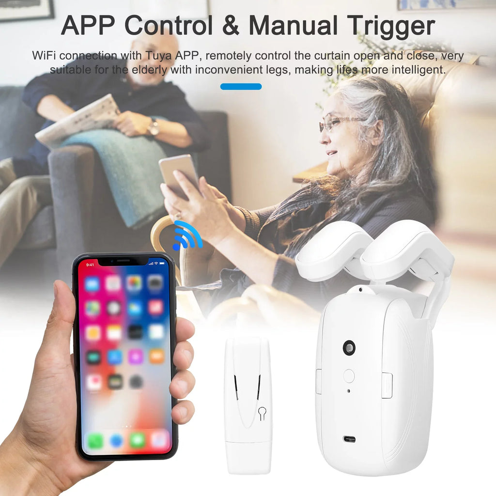 Htovila WiFi Intelligent Curtain Motor Electric Curtain Robot Automatic Opener No Wiring with Gateways Support  Remote Control Timer Setup & Sensing Compatible with Home for Roman Rod