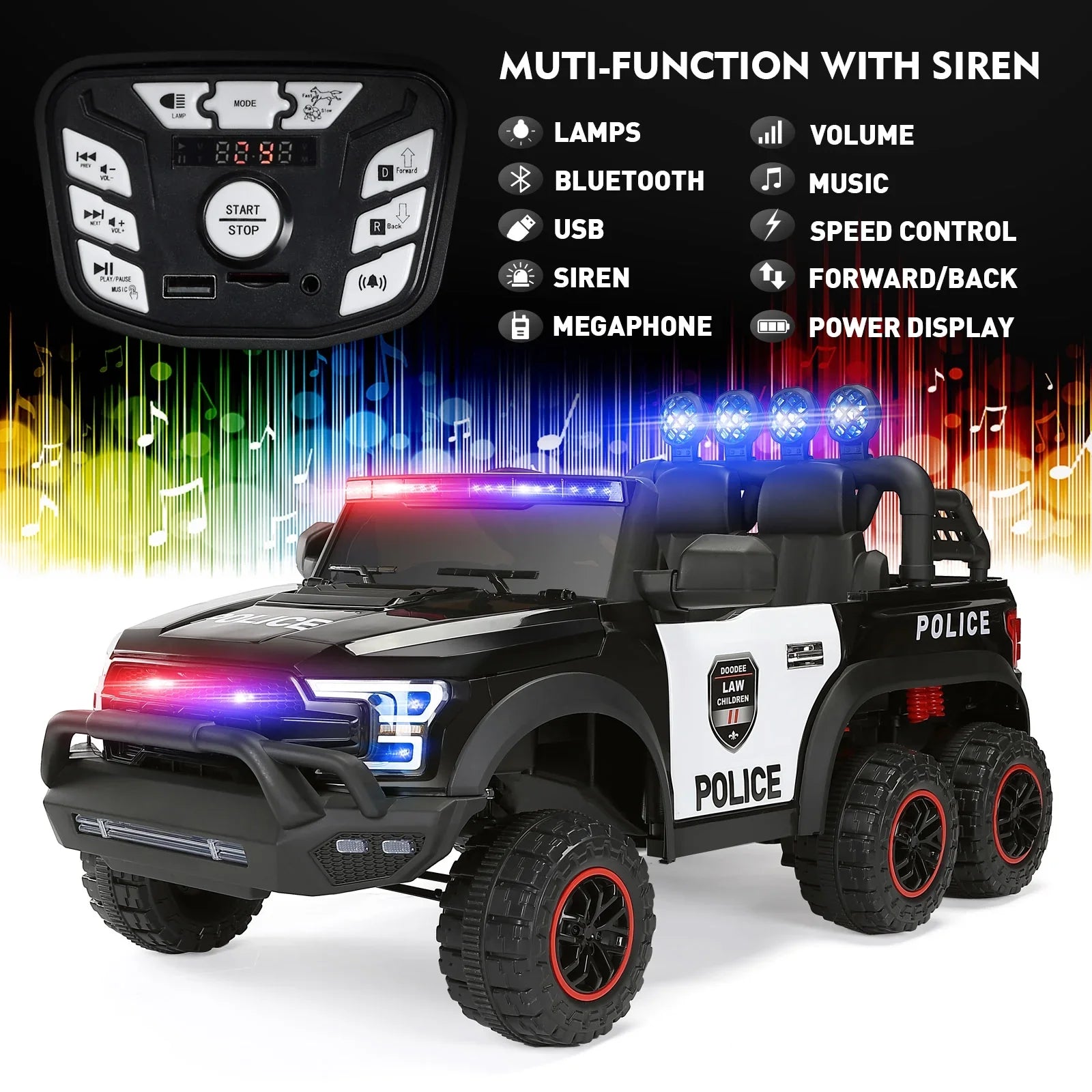 6 Wheels 12V Kids Ride on Police Car Toy with Remote Control (Black)