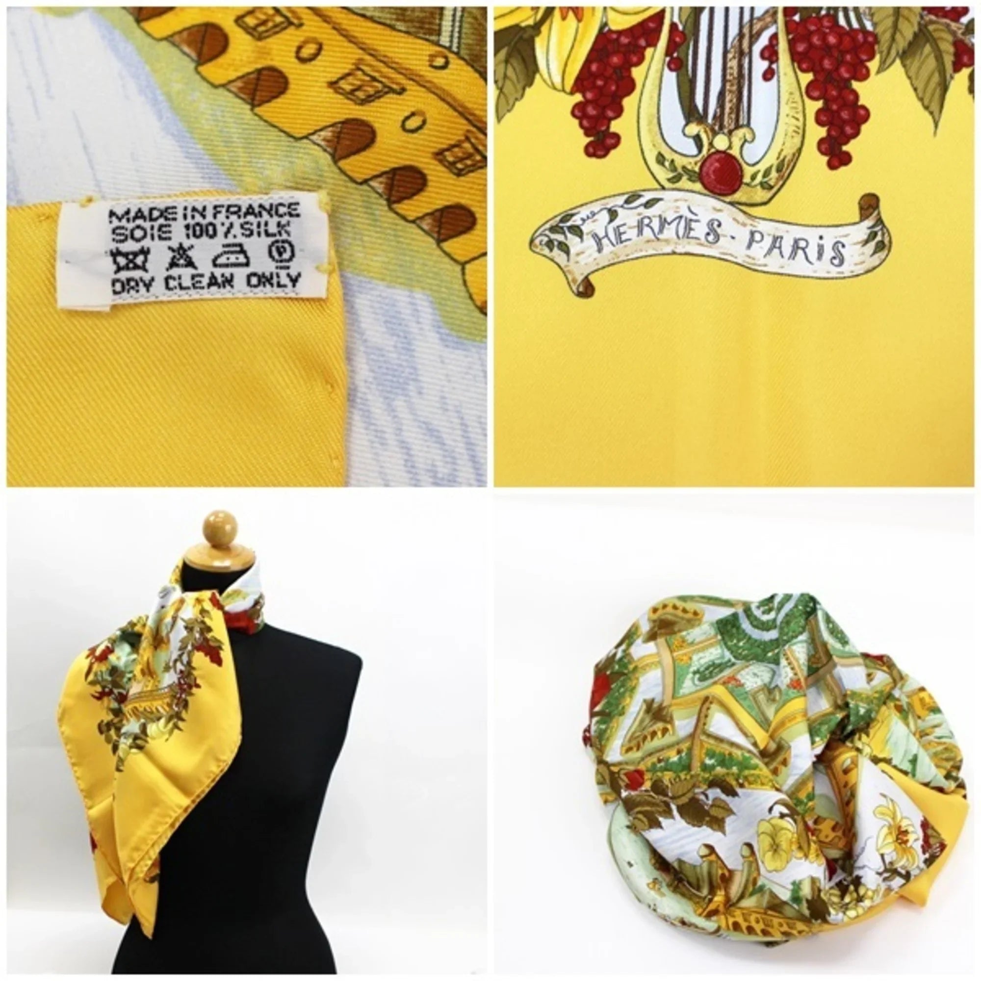 Pre-Owned Hermes Silk Scarf Carre 90 "Au pays de Cocagne" In Paradise Yellow  | For Ladies (Good)