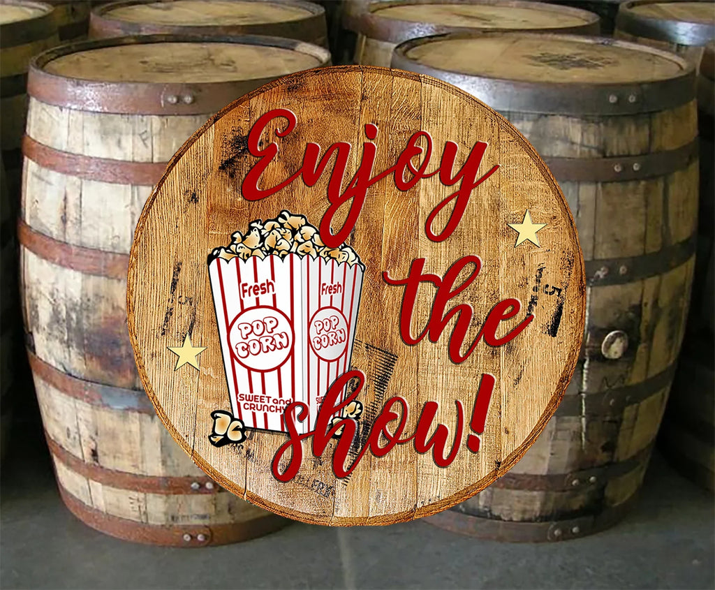 Whiskey Barrel Head Enjoy the Show Fresh Pop Corn Wall Art Bar Sign Home Décor