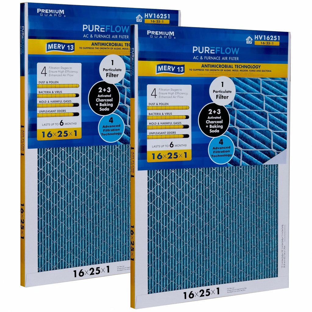 PureFlow, Home Furnace Air Filter 16x25x1, with 4 Layers of Advanced Filtration Technology, -13 Pack-of-2