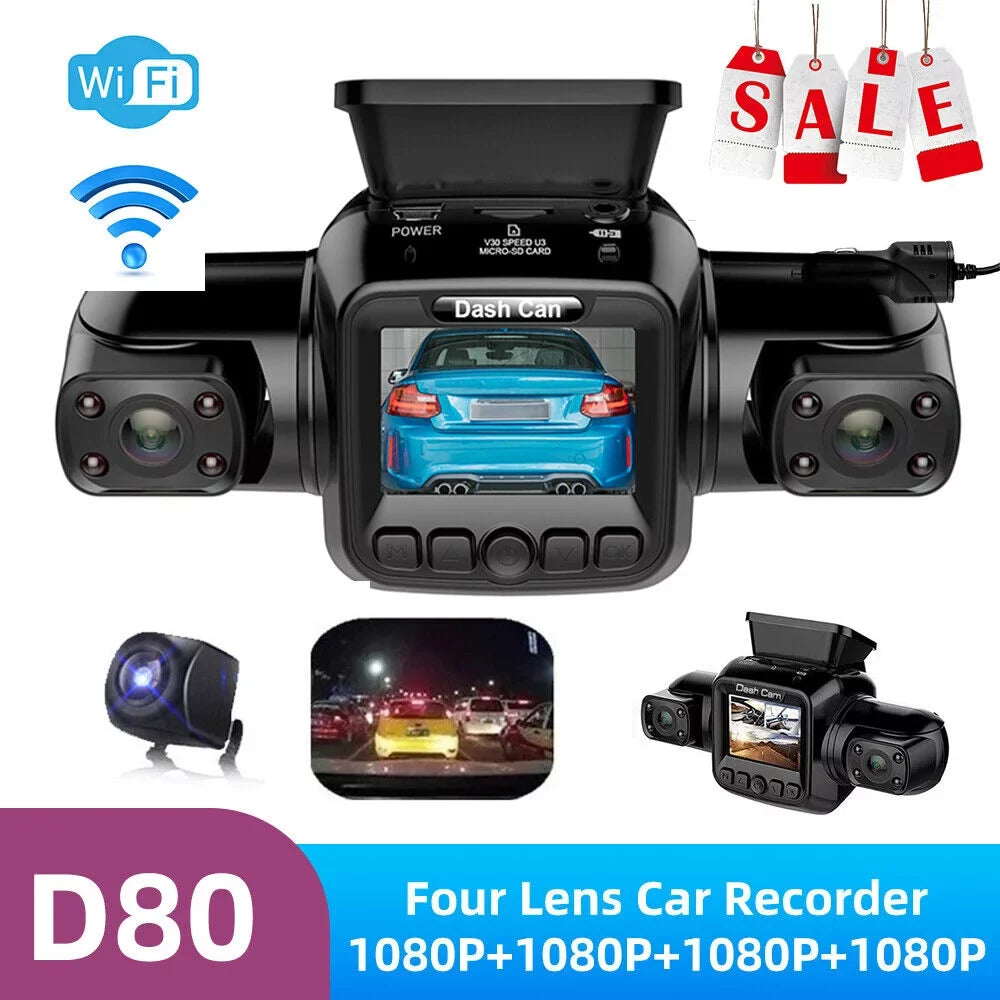4 Channel Dash Cam Front, Left, Right and Rear, Front and Rear Inside, 360°Panoramic Driving Recorder  Car Cameras Night Vision