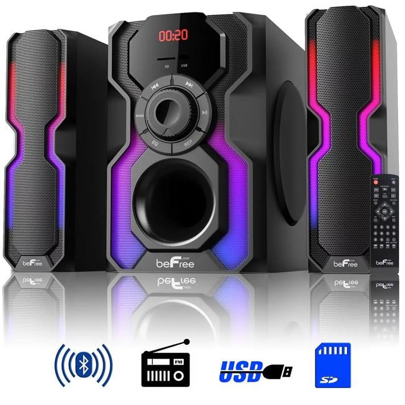 BeFree Sound  2.1 Channel Bluetooth Multimedia Wired Speaker Shelf Stereo System with Reactive  Lights,  Radio,  &  Inputs, 6 ohm - Black & Silver