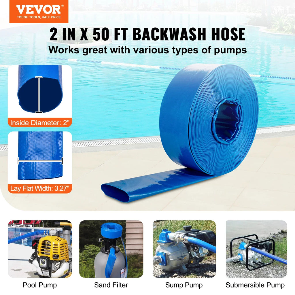 Swimming Pool Filter Backwash Hose with Clamps 2'' x 50' Premium  Lay Flat Discharge Hose Blue Weather and Chemical Resistant