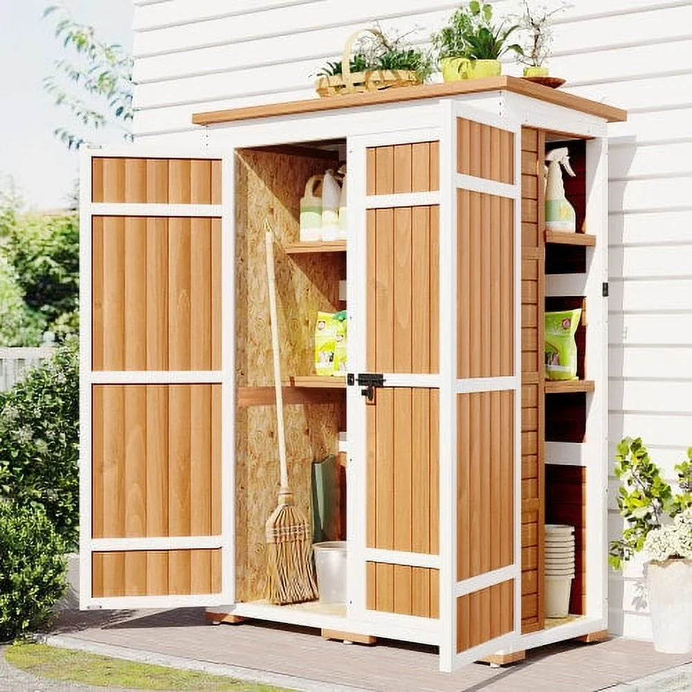 Outdoor 5.5ft Hx4.1ft L Wood Storage Shed, Garden Tool Cabinet with Waterproof Asphalt Roof, Four Lockable Doors, Multiple-tier Shelves, Natural