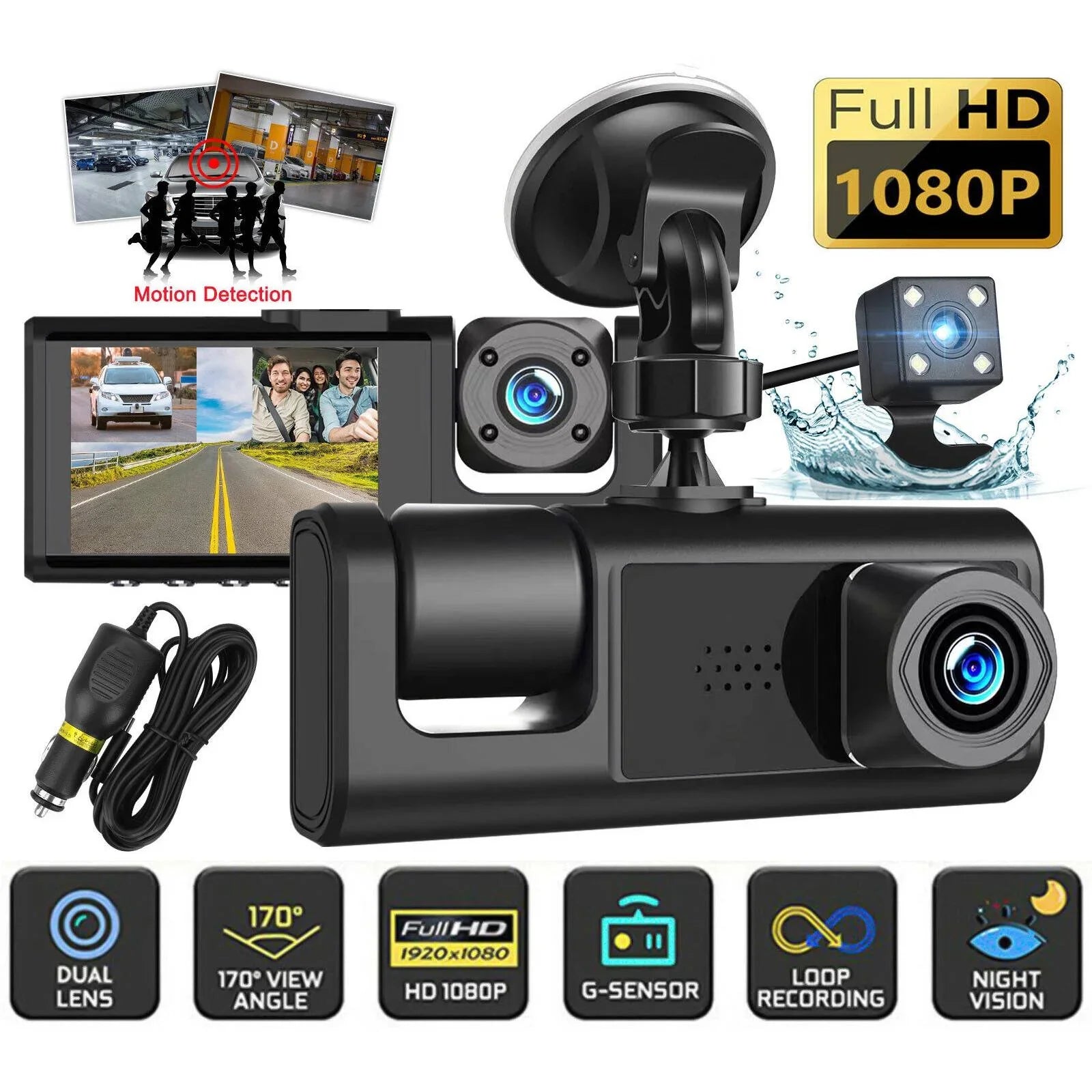 1080P Car Dual Lens Dash Cam Front/Rear/Inside Video Recorder Camera G-sensor