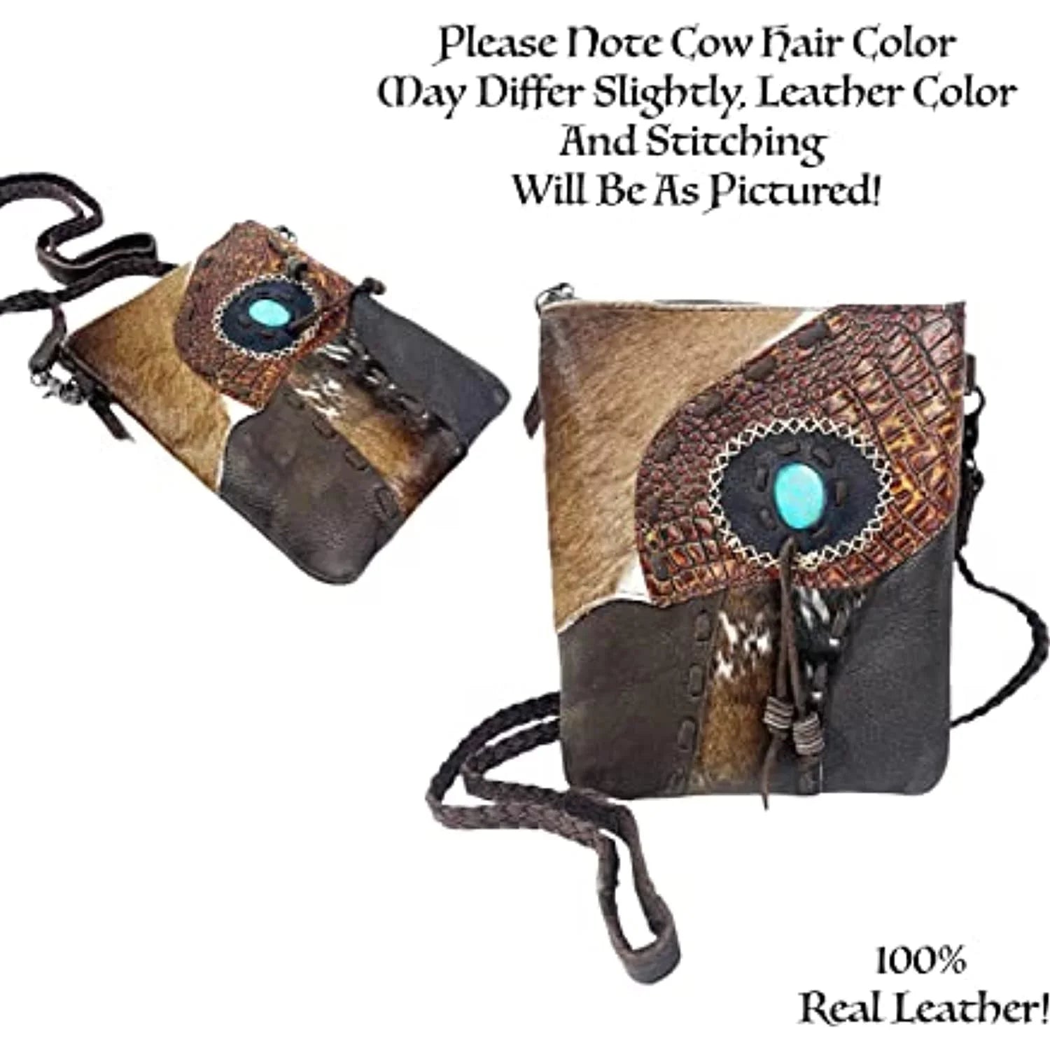 Urbalabs Western Crossbody Purse Cowhair Handbag Leather Teal Stone Tassel Tooled Tote Bag Hand Stitched Purses (Dark Brown)