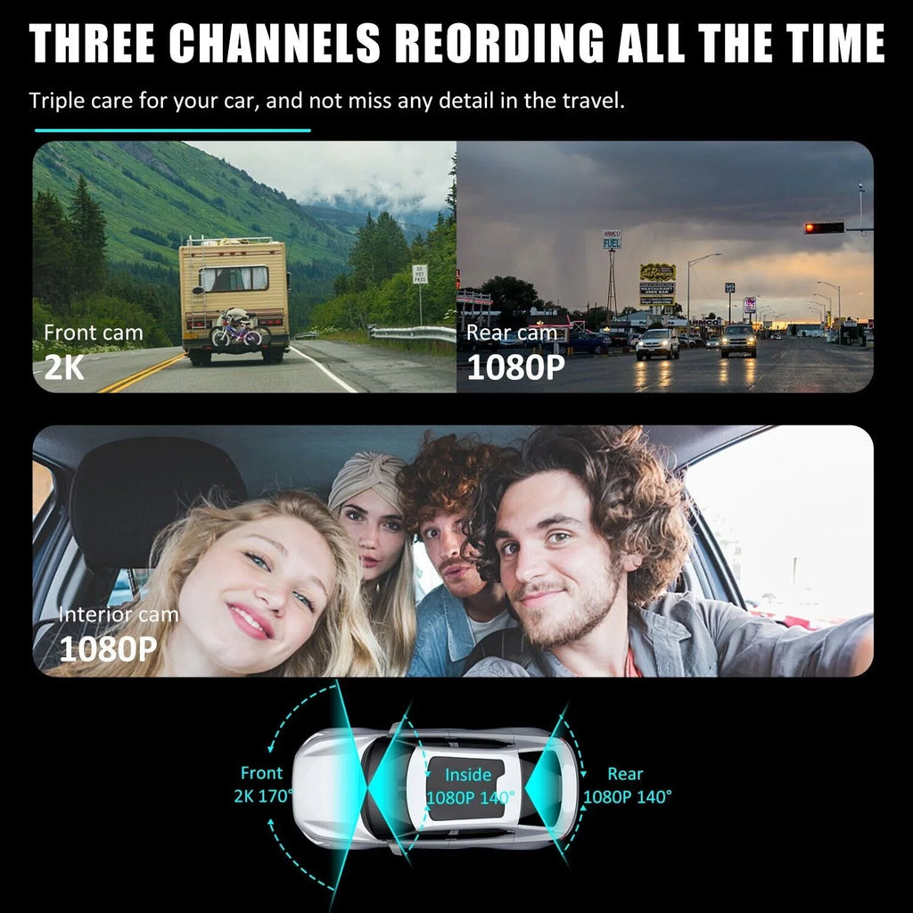 3 Lens Cars True 4K Dual Dash Camera Front & Rear WiFi& Track Video Recorder