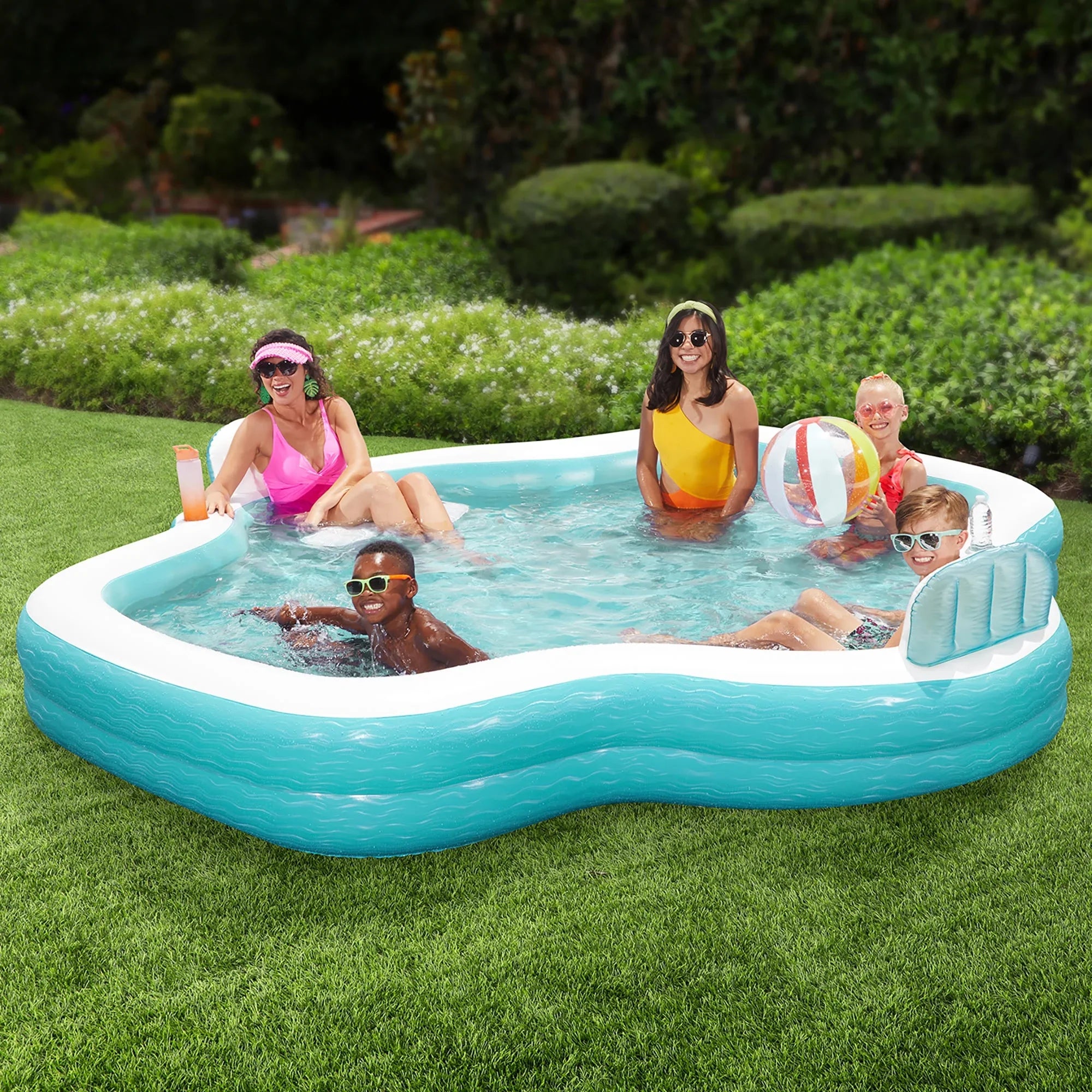 Funsicle: Shimmer Party Pool - 10ft Inflatable Lounge Pool, Teal & White, 120x110x18", Cup Holders, Comfortable Backrests, Outdoor Family Pool